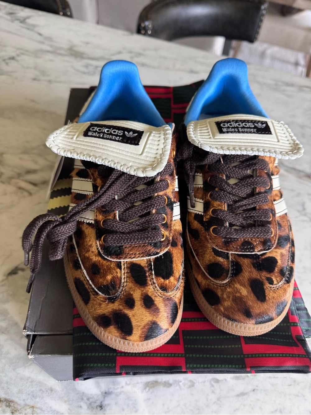 Wales Bonner Leopard-Print Sneakers with Blue Lining. Brand new. Printed bag.